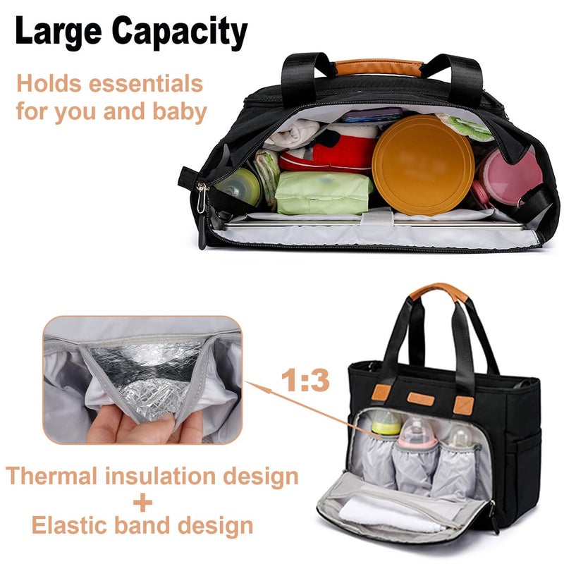 FHELAD Diaper Tote Bag, 4 in 1 Tote Diaper Bag with 16" Laptop Compartment, Baby Bag with 3 Insulated Pocket for Mam and Dad, Ideal for Travel, Work (Black) - Image 2